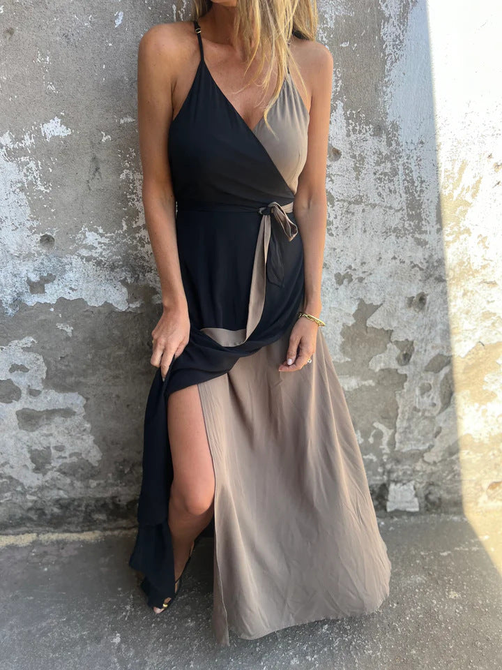 Damklänning maxi – Halterneck – Omlottmidja – Asymmetrisk fåll – Lyxigt tyg