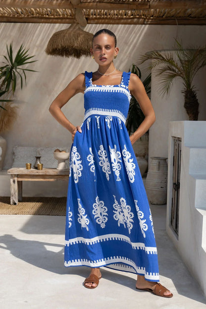 Damklänning – Bomull – A-linjeform – Rynkad Livdel – Ankelängd – Breda Axelband