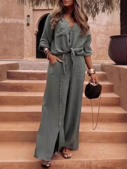 Damset med vida byxor – Linne bomull – Avslappnad passform – Knappdetaljer