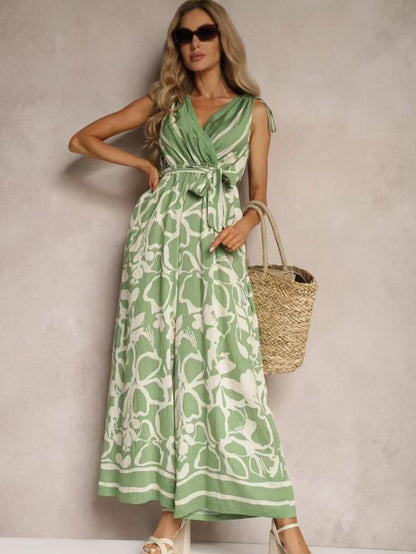 Damjumpoverall – V-ringning ärmlös – Avslappnad passform – Knytmidja – Print hel längd