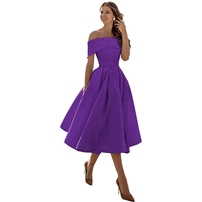 Damklänning – Off-Shoulder – Figurnära Liv – Utställd Kjol – Tealängd Elegant Stil