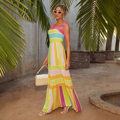 Damklänning maxi – Avslappnad passform – Fyrkantig ringning – Knytband – Volangkjol