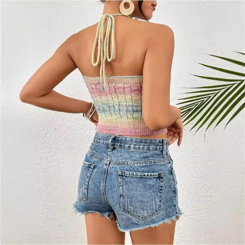 Dam Halterneck Crop Top – Slim Fit Stickad – Kabelstickat Mönster – Ribbad Kant