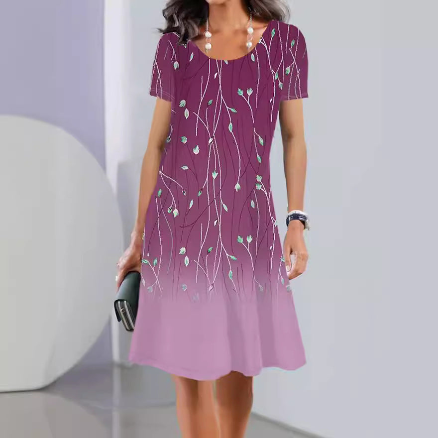 Damklänning A-linje – Blommig – Kort ärm – Rund hals – Bomull – Knälång