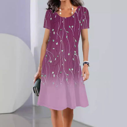 Damklänning A-linje – Blommig – Kort ärm – Rund hals – Bomull – Knälång