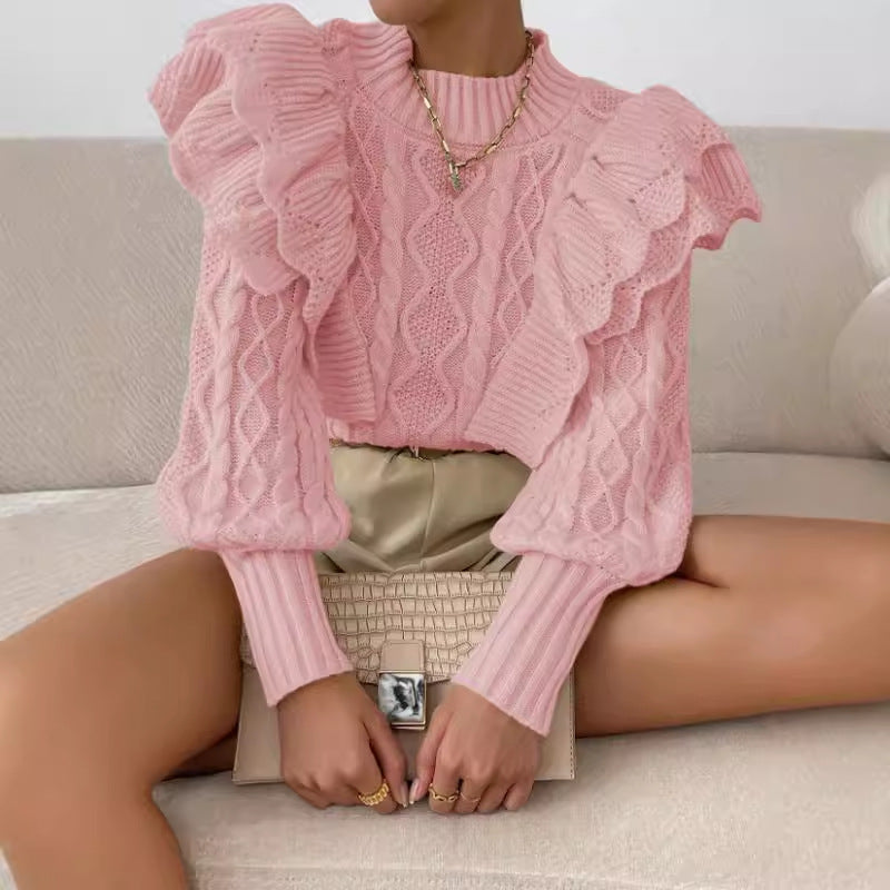 Damtröja – Kort Modell – Kabelstickad – Voluminösa Axelvolanger – Långärmad