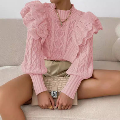 Damtröja – Kort Modell – Kabelstickad – Voluminösa Axelvolanger – Långärmad