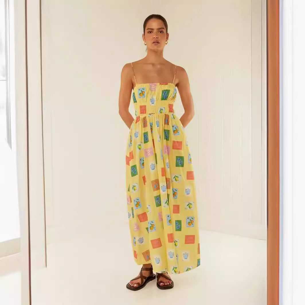 Damklänning maxi – Off-shoulder – Spagettiband – Rynkad överdel – Ledig passform