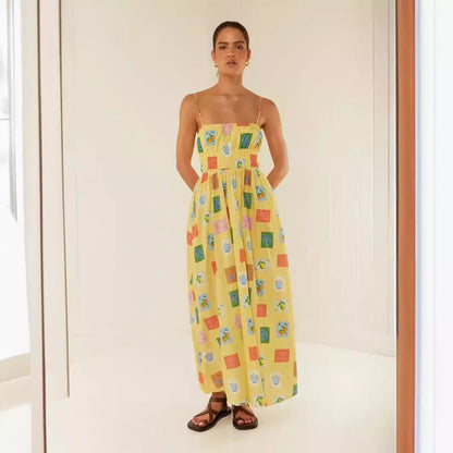 Damklänning maxi – Off-shoulder – Spagettiband – Rynkad överdel – Ledig passform