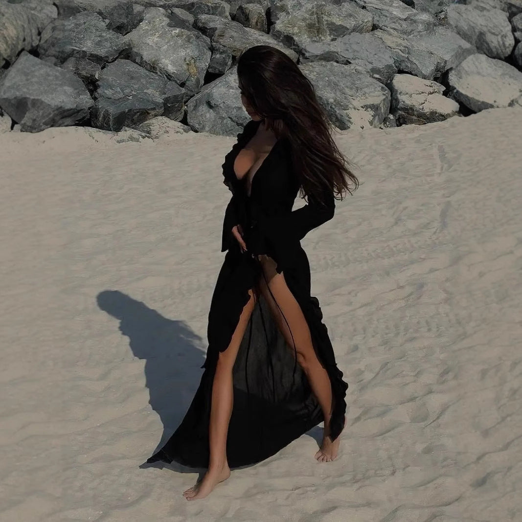 Damklänning strandtunika – lång ärm – ryschdetaljer – öppen front – luftig chiffong