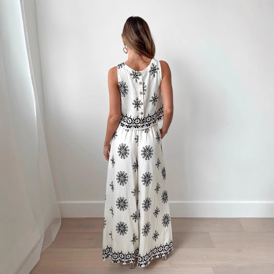 Damset – Ärmös Crop Top och Höga Vida Byxor – Avslappnad Passform – Lätt Bomullsblandning