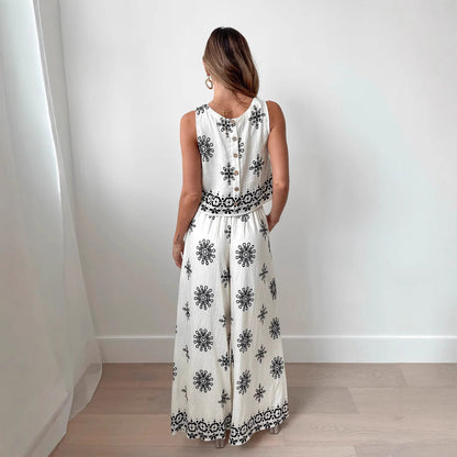 Damset – Ärmös Crop Top och Höga Vida Byxor – Avslappnad Passform – Lätt Bomullsblandning