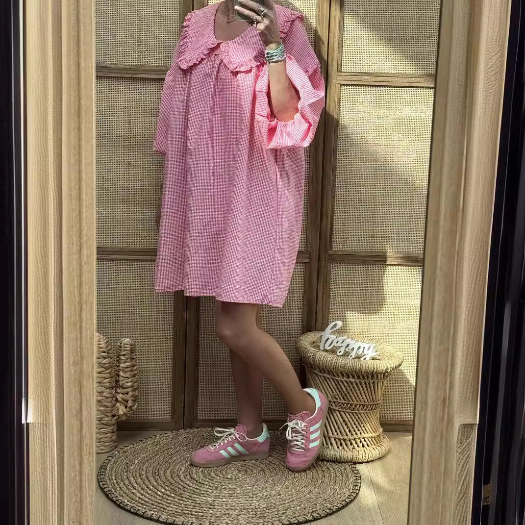 Damklänning A-linje – Bomull – Rutig – Rynkad Peter Pan-krage – Ballongärm