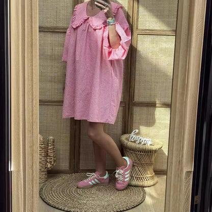 Damklänning A-linje – Bomull – Rutig – Rynkad Peter Pan-krage – Ballongärm