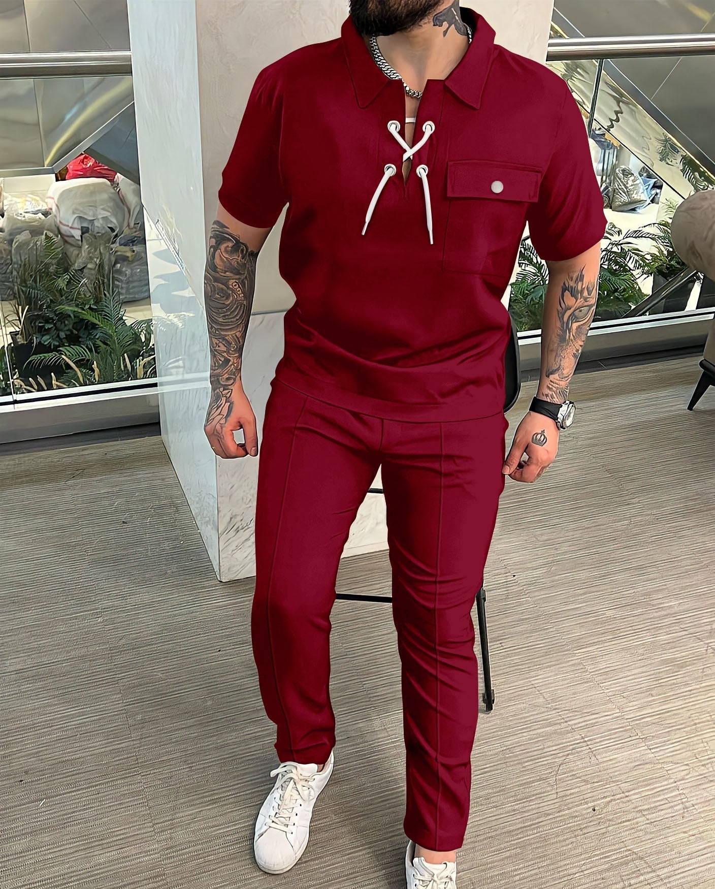 Herr Tvådelat set – Slim fit – Kortärmad med dragsko – Andningsbar stilren look