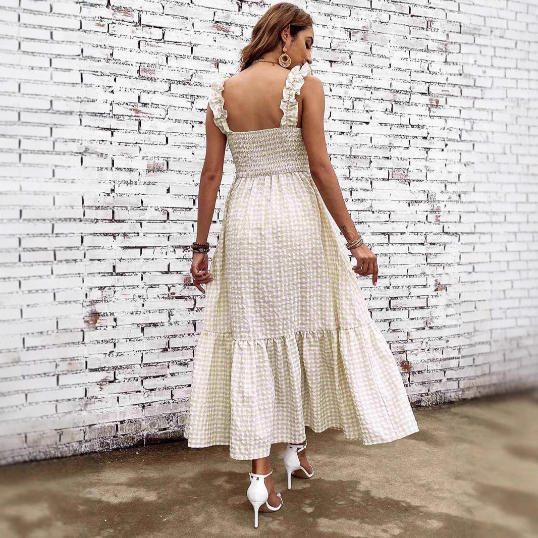 Damklänning A-linjeformad – Smockliv – Spagettiband – Tierad – Rutmönstrad Maxilängd