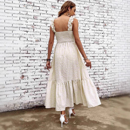 Damklänning A-linjeformad – Smockliv – Spagettiband – Tierad – Rutmönstrad Maxilängd
