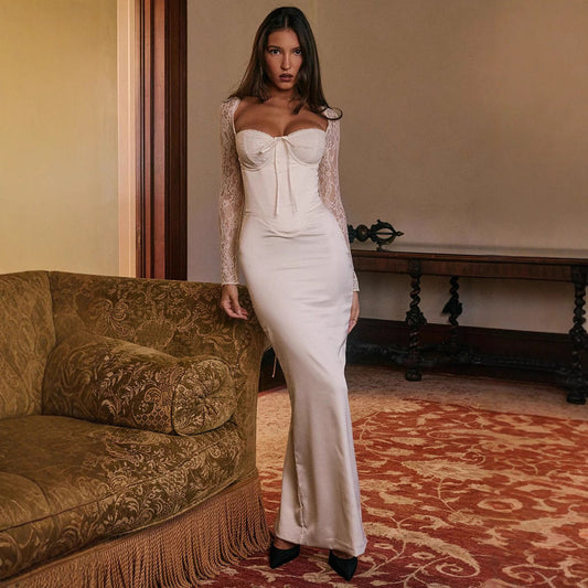 Damklänning – Satin Bodycon – Långa Ärmar i Spets – Bustier Halsringning