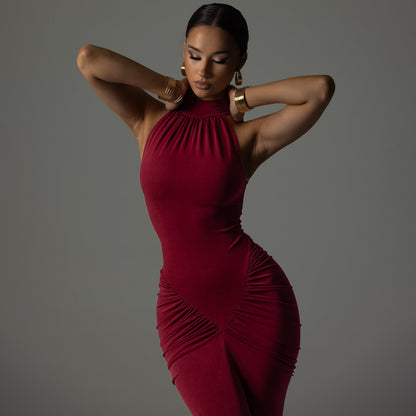 Damklänning Bodycon – Stretchig Slim Fit – Hög Hals – Rynkad Midi – Ärmlös Festlook