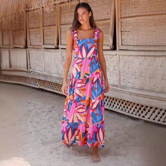 Damklänning maxi – Bohemisk stil – Ärmös – Kvadratisk halsringning – Bomull luftig