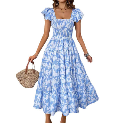 Damklänning – Smockad Livdel – Rynkade Axelband – A-linjeformad Lagerdesign – Andningsbart Tyg