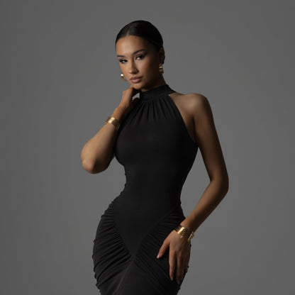 Damklänning Bodycon – Stretchig Slim Fit – Hög Hals – Rynkad Midi – Ärmlös Festlook