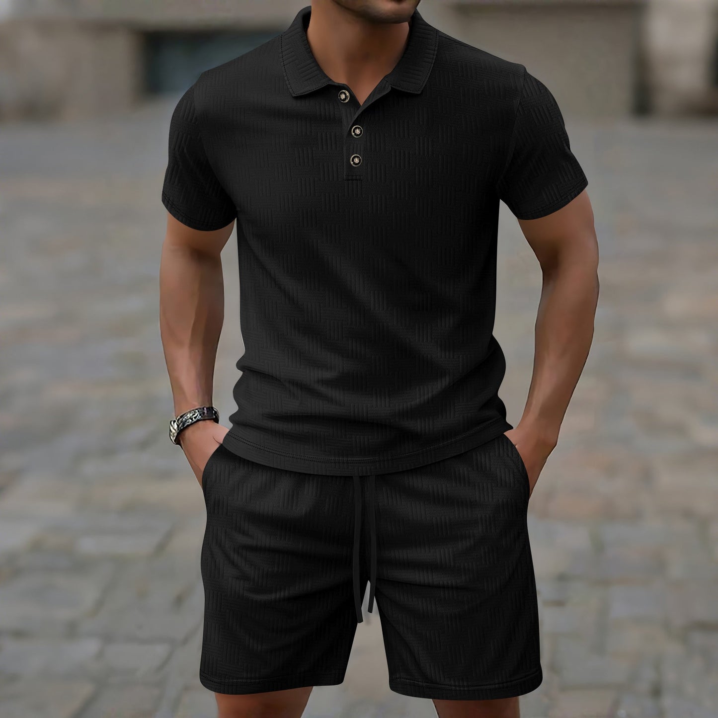 Herrset – Slim Fit – Kort Ärm – Texturdesign – Knappslå