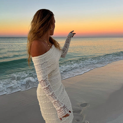 Damklänning maxi – smal passform – off-shoulder spets – långärmad elegant festklänning