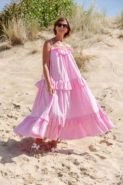 Damklänning – Maxilängd – Flowy Passform – Volangkrage – Spagettiband – Lagerkjol