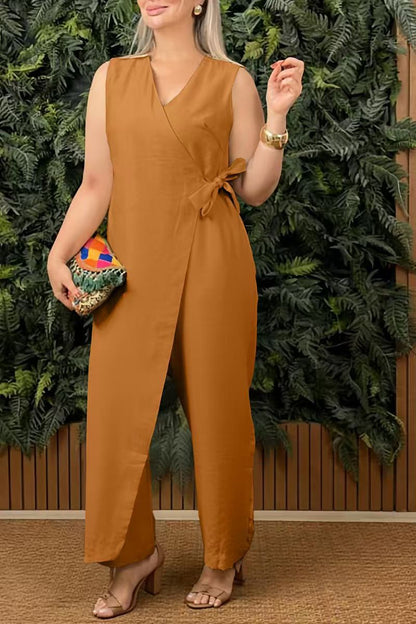 Dam Jumpsuit – Ärmlös – V-ringning – Omlott – Bred Ben – Avslappnad Passform