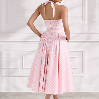 Damklänning – Slim Fit – Halterneck – V-ringning – A-linjeformad Plisserad Midiklänning – Bomullsblandning – Ginghammönster