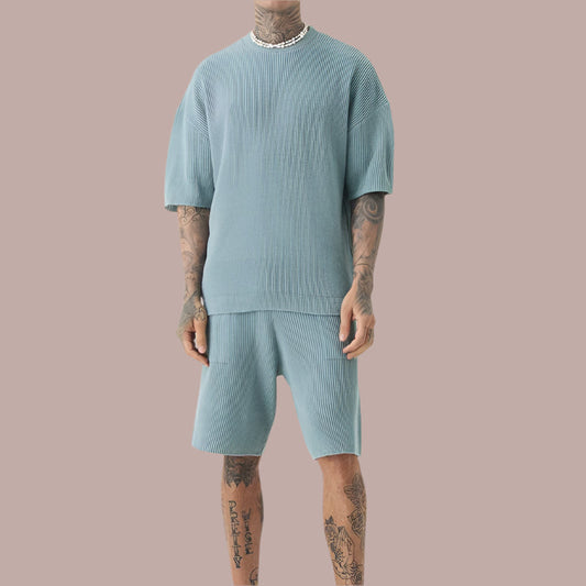 Herrset – Ribbstickat Stretchtyg – Avslappnad Passform – T-shirt med Shorts