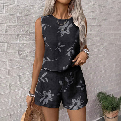 Damset med linne och shorts – Avslappnad passform – Andningsbar naturfiber – Printdetaljer