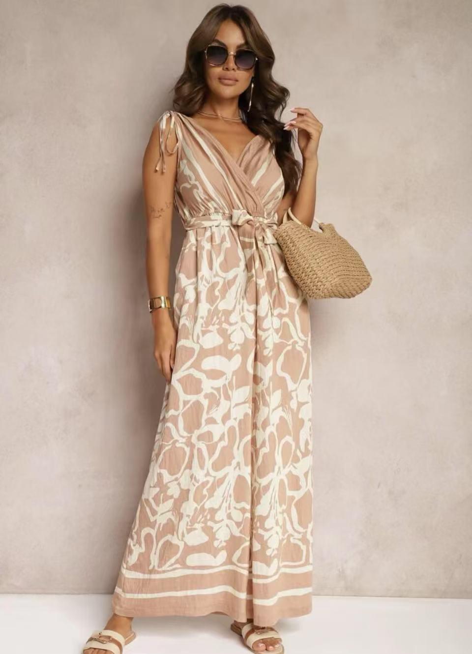 Damjumpoverall – V-ringning ärmlös – Avslappnad passform – Knytmidja – Print hel längd