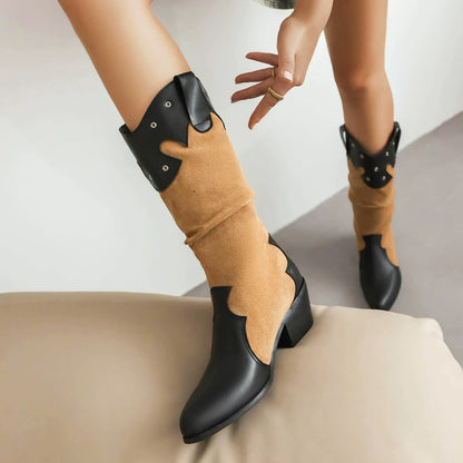 Damstövlar i Mocka och Läder – Slouchy Passform – Blockklack – Västern Detaljer