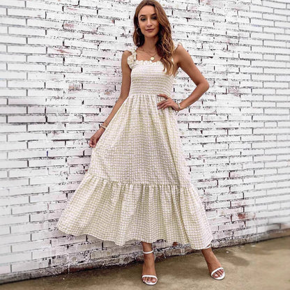 Damklänning A-linjeformad – Smockliv – Spagettiband – Tierad – Rutmönstrad Maxilängd