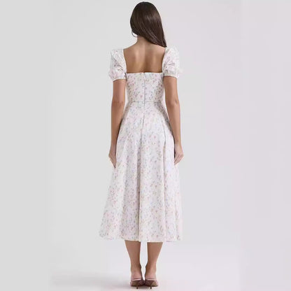 Damklänning midi – A-linjeformad – Puffärm – Fyrkantig halsringning – Bomull