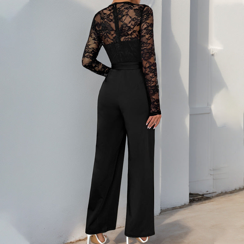 Dam jumpsuit – spetsliv – lång ärm – markerad midja – vida ben – elegant passform