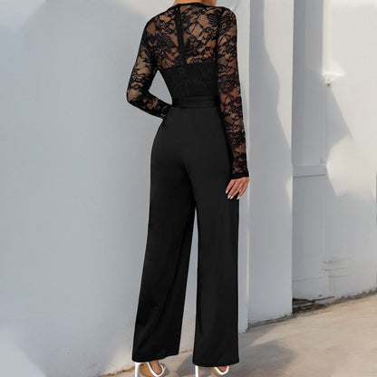 Dam jumpsuit – spetsliv – lång ärm – markerad midja – vida ben – elegant passform