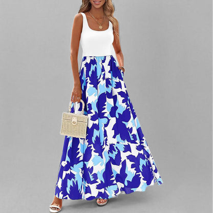 Damklänning maxi – Ärmös scoopneck – Hög midja – A-linjeformad – Tryckt mönster