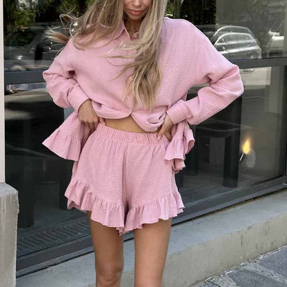 Dam Loungewear Set – Avslappnad Passform – Långärmad Skjorta & Shorts – Hjärtmönster