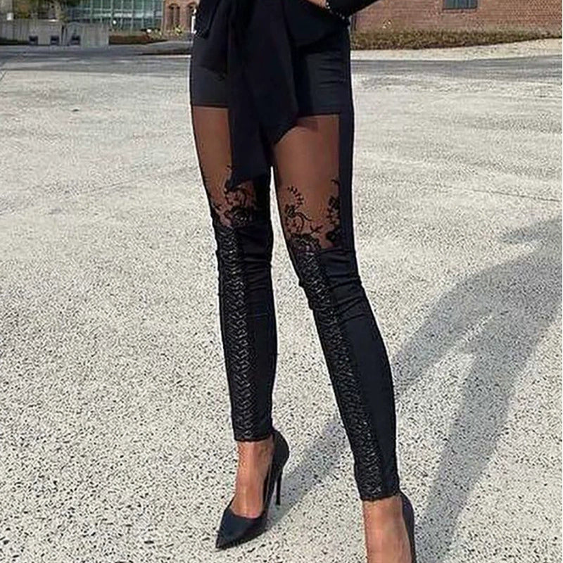 Dam Byxor – Slim Fit – Stretchmaterial – Spetsdetaljer – Lång Eleganta Modell