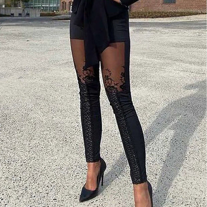 Dam Byxor – Slim Fit – Stretchmaterial – Spetsdetaljer – Lång Eleganta Modell