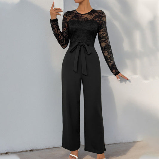 Dam jumpsuit – spetsliv – lång ärm – markerad midja – vida ben – elegant passform
