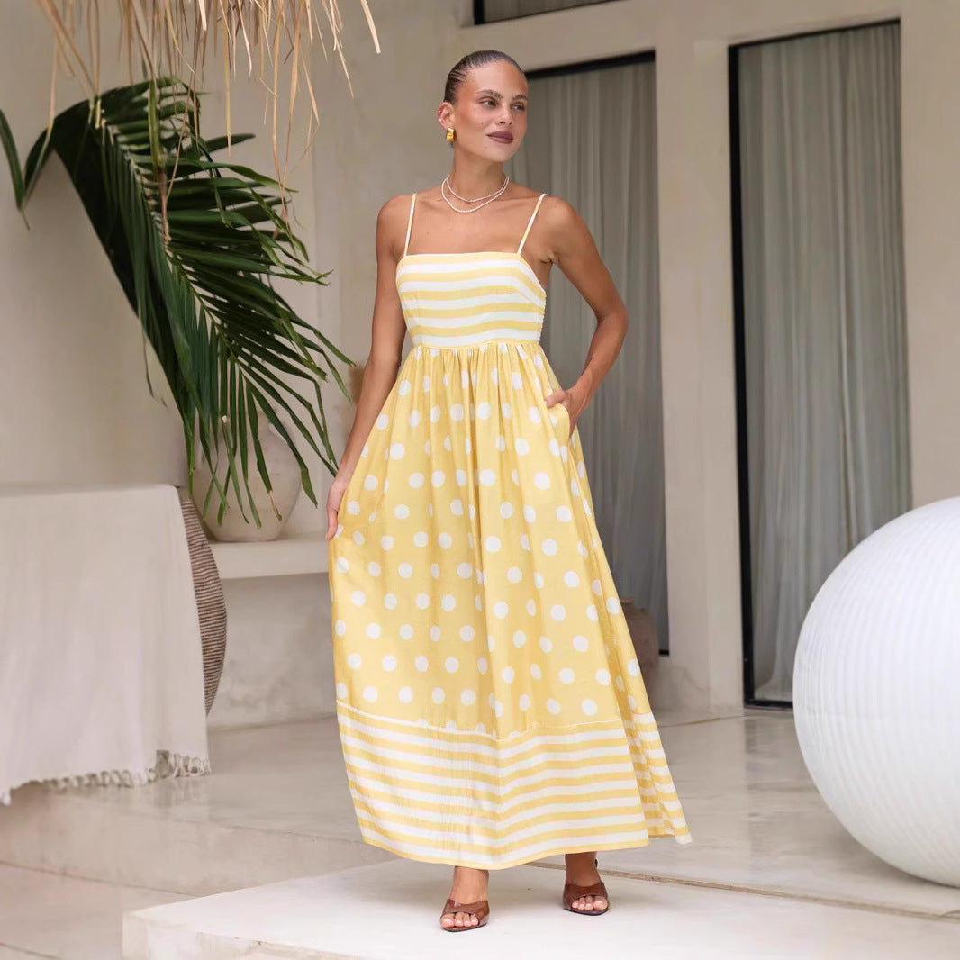 Damklänning maxi – A-linjeform – Spaghettiband – Mönstrad bomull – Med fickor