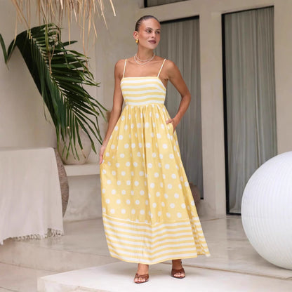 Damklänning maxi – A-linjeformad passform – Spagettiband – Bomull – Mönstrad – Fickor