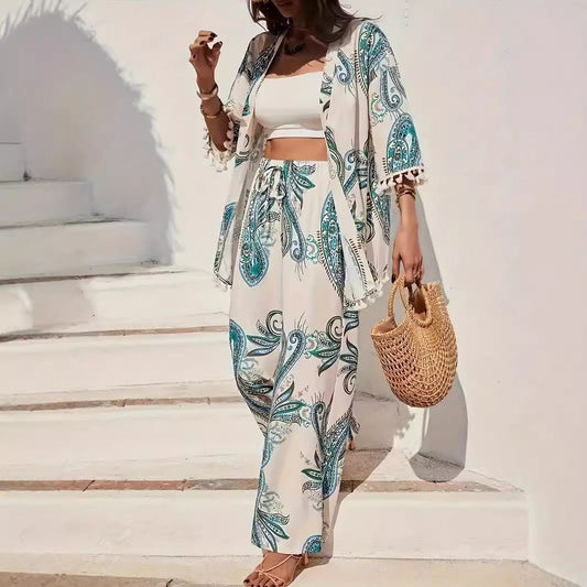 Dam Kimono Set – Vida Byxor – Paisleymönster – Fransdetaljer – Andningsbar Mix