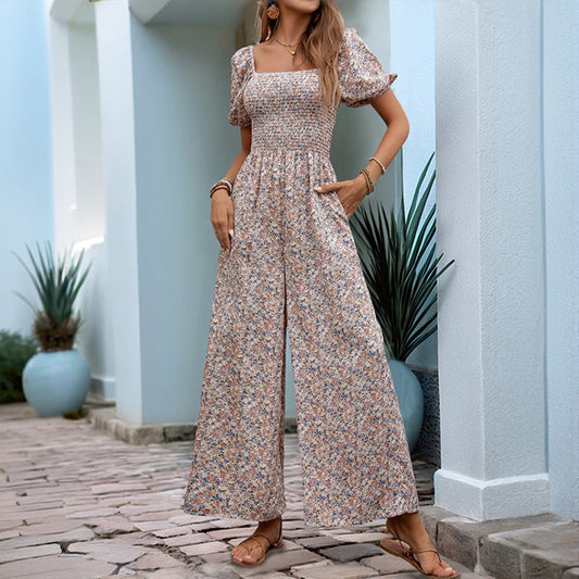 Dam Jumpsuit – Smockad Livdel – Vida Ben – Puffärm – Blommigt Mönster – Fyrkantig Hals