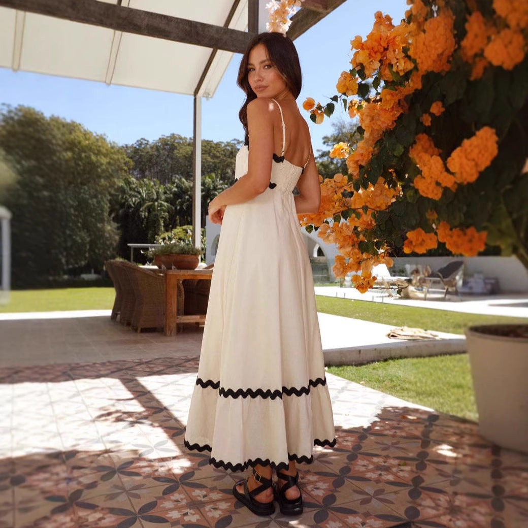 Damklänning maxi – A-linjeformad passform – Spagettiband – Bomull – Boho volangdetalj