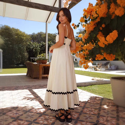 Damklänning maxi – A-linjeformad passform – Spagettiband – Bomull – Boho volangdetalj